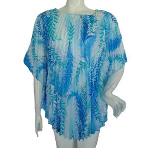 Vintage Pleated Top, OS, Accordion Folds, Blue Leaf, Unstructured, Side Seam